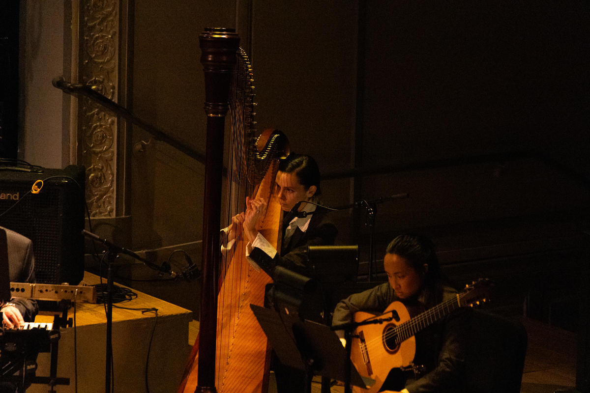 Esther Sibiude performing Harp at Roulette in Brooklyn.